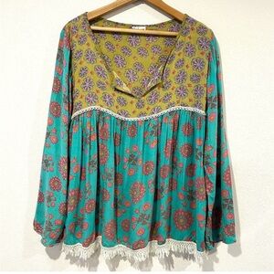 Natural Life Contrast Boho Print Fringe Peasant Blouse Hippie Festival Size M/L